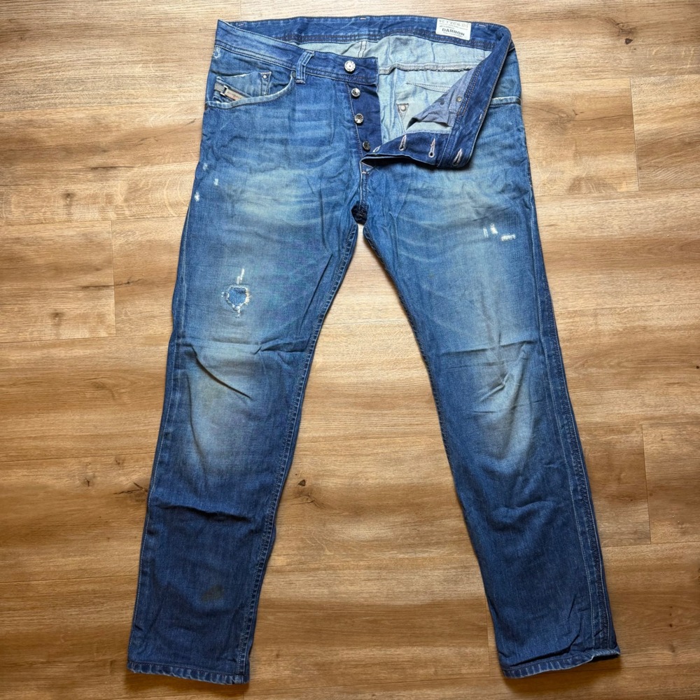 Diesel Darron Jeans Mens 33x30 Blue Slim Tapered Distressed Wash 0886Q (Hemmed)